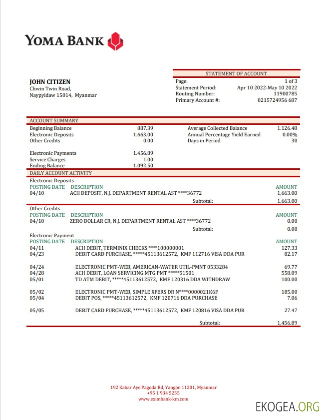 Relevé de la banque Yoma du Myanmar